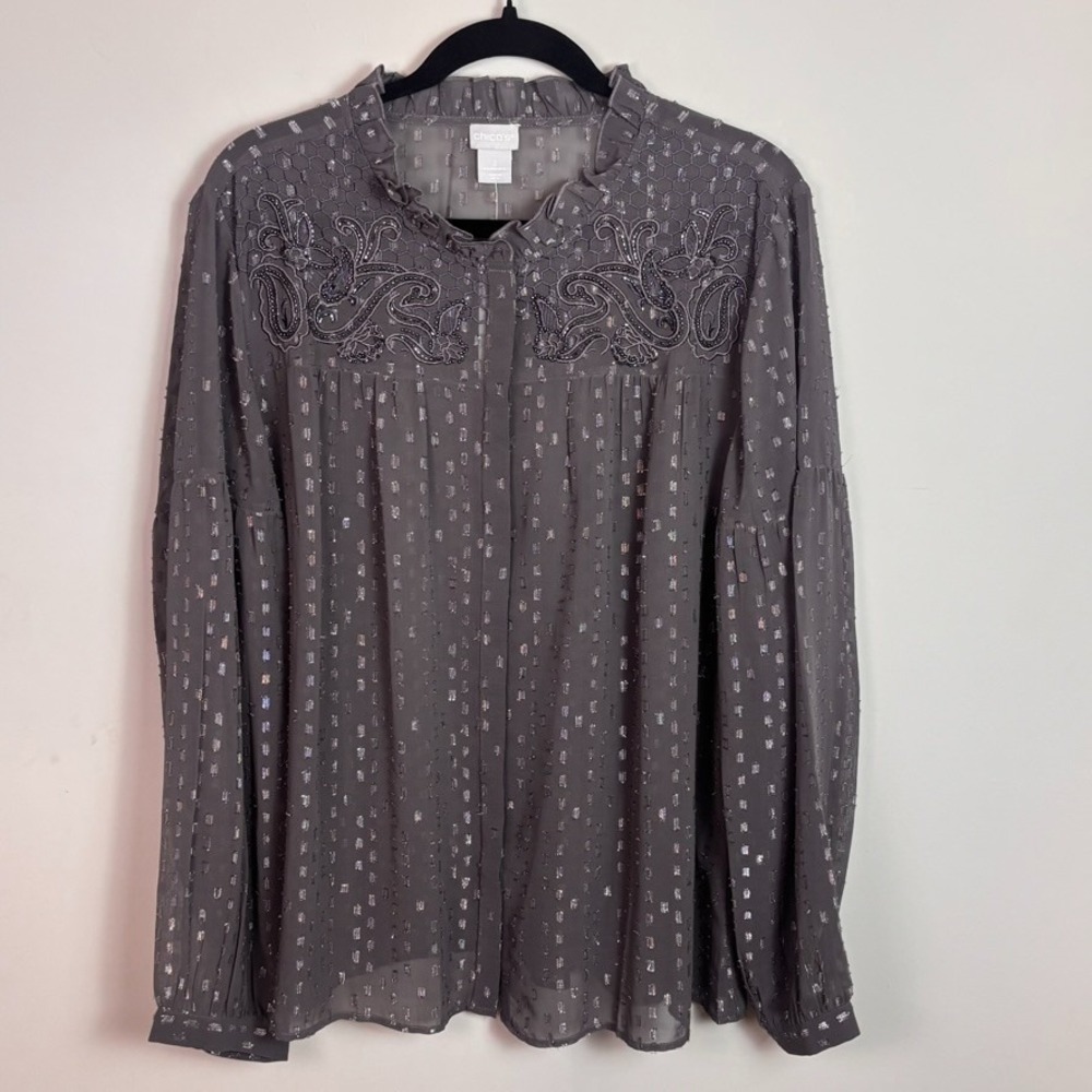 NEW Chico's Womens Grey Semi-Sheer Beaded Embroidered Metalliac Button up 12/14